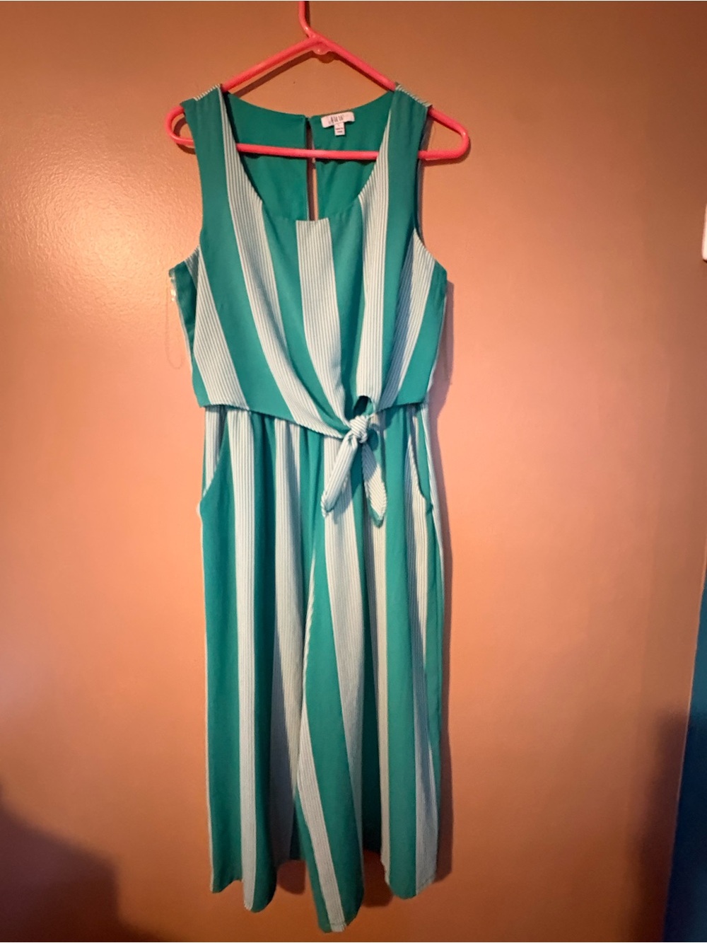 Kelly Green Striped Vintage Boho Jumper, Wide Leg, Elastic High Waist, Hippie L